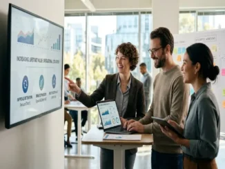 Three colleagues in a modern, open-plan office are gathered around a standing desk. The central figure, a woman in a grey blazer, points to a large wall-mounted monitor displaying charts and the title "INCREASING LIFETIME VALUE: OPERATIONAL STRATEGY." The other two colleagues, a man in a beige sweater with a laptop and a woman with a tablet, watch attentively and smile.