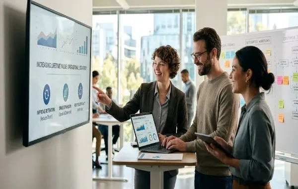 Three colleagues in a modern, open-plan office are gathered around a standing desk. The central figure, a woman in a grey blazer, points to a large wall-mounted monitor displaying charts and the title "INCREASING LIFETIME VALUE: OPERATIONAL STRATEGY." The other two colleagues, a man in a beige sweater with a laptop and a woman with a tablet, watch attentively and smile.