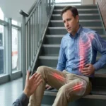 A photo illustration showing a man sitting on stairs, dazed and holding his side after a fall, with an X-ray overlay revealing glowing red internal damage on his ribcage and thigh, contrasting with his seemingly uninjured exterior.