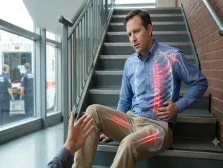 A photo illustration showing a man sitting on stairs, dazed and holding his side after a fall, with an X-ray overlay revealing glowing red internal damage on his ribcage and thigh, contrasting with his seemingly uninjured exterior.
