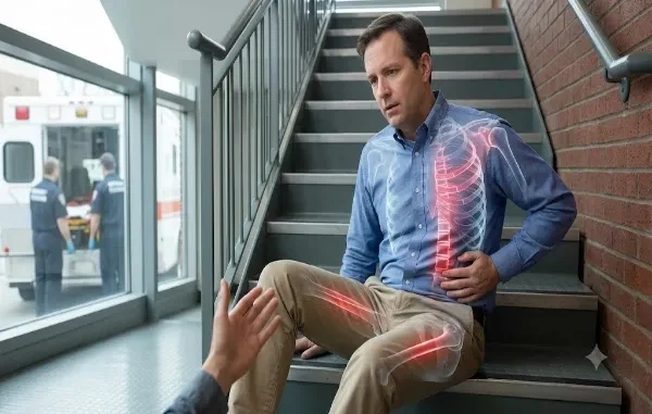 A photo illustration showing a man sitting on stairs, dazed and holding his side after a fall, with an X-ray overlay revealing glowing red internal damage on his ribcage and thigh, contrasting with his seemingly uninjured exterior.