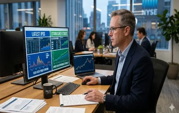 A male financial analyst in a modern office looking at a large monitor displaying side-by-side stock data for "Latest IPOs" (High Risk/High Reward) and "Established Stocks" (Lower Risk/Dividends/Stability).