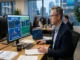 A male financial analyst in a modern office looking at a large monitor displaying side-by-side stock data for "Latest IPOs" (High Risk/High Reward) and "Established Stocks" (Lower Risk/Dividends/Stability).