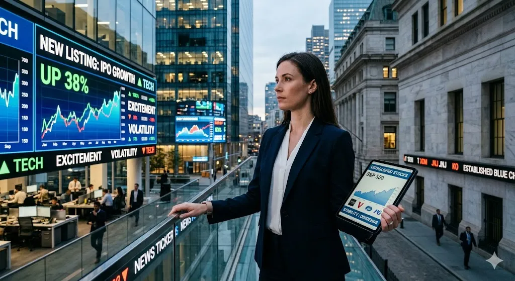 A businesswoman standing on a city balcony overlooking a financial district, comparing high-growth IPO market tickers showing "UP 38%" on a large digital screen against a tablet displaying stable "S&P 500" established blue-chip stock data.