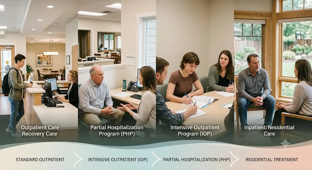 A four-panel infographic illustration showcasing the continuum of addiction treatment care. From left to right, the panels depict realistic settings for Standard Outpatient care (a client checking in at a clinic desk), Partial Hospitalization Program or PHP (a therapist consulting with an older adult male patient), Intensive Outpatient Program or IOP (a small group of young adults engaged in a therapeutic workshop around a table), and Inpatient/Residential Care (a one-on-one therapy session with a middle-aged man in a comfortable, windowed room overlooking greenery). A stylized wave graphic at the bottom connects the panels with arrows indicating the progression through the levels of care.