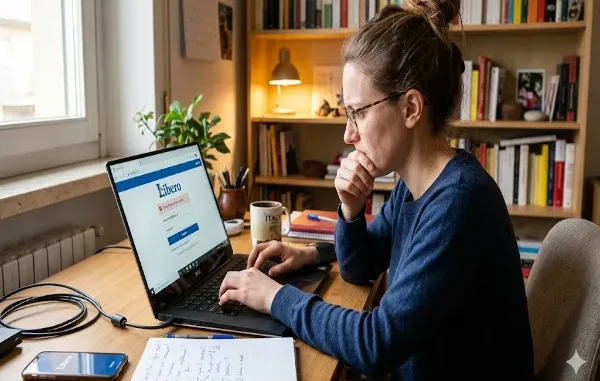 A woman with glasses sitting at a desk, looking thoughtfully at a laptop screen displaying the Libero Mail login page with an error message. A notebook, smartphone, and coffee mug are on the wooden desk, with a bookshelf in the background.