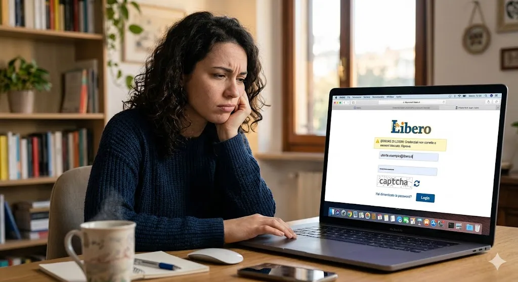 A frustrated woman looking at her laptop screen showing a Libero Mail login error message that reads "Errore di login".
