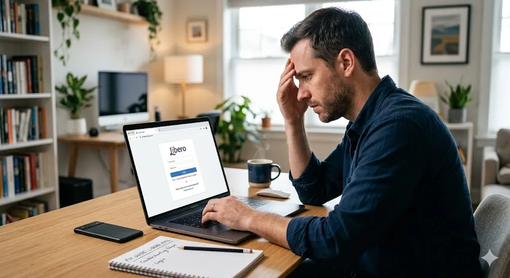 A frustrated man sitting at a desk, holding his head while looking at a Libero Mail login error on his laptop screen in a home office setting.