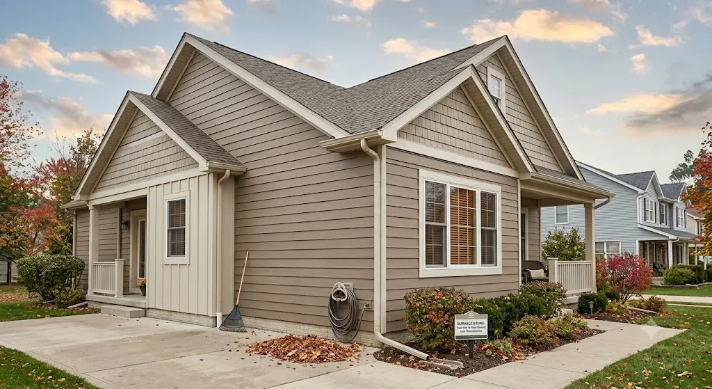 Modern residential home featuring durable taupe horizontal siding and vertical board and batten accents on a clean, low-maintenance exterior.