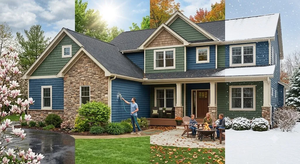 A large family home shown split across four seasons—spring rain, summer sun, autumn leaves, and winter snow—demonstrating the durability and low maintenance of the house siding through all weather conditions.