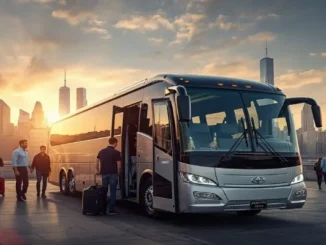 Passengers with luggage boarding a modern, luxury silver charter bus with a city skyline at sunset, illustrating luxury group travel options for Omaha.