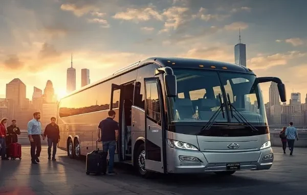 Passengers with luggage boarding a modern, luxury silver charter bus with a city skyline at sunset, illustrating luxury group travel options for Omaha.