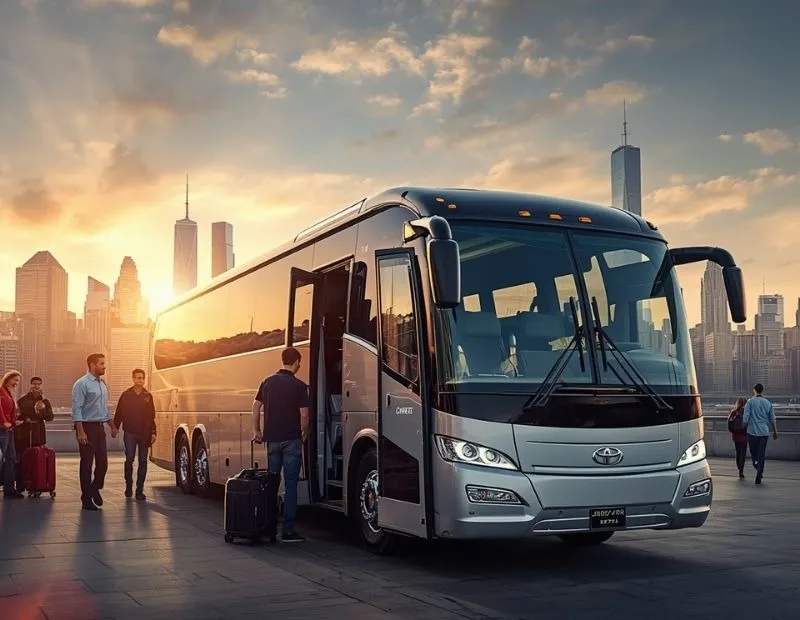 A sleek, modern luxury charter bus parked at a terminal during sunset, with passengers boarding with luggage against a dramatic city skyline backdrop.