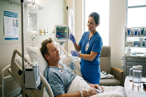 A male patient in his 40s rests in a hospital bed during medical detox, looking up at a supportive female nurse in blue scrubs. The nurse smiles reassuringly while checking his IV line. The room is a clean, bright clinical setting equipped with vital sign monitors, an IV stand, and a poster on the wall titled "Supporting Your Recovery."