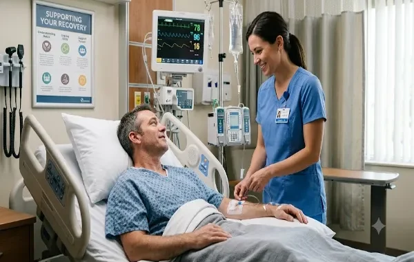 A male patient in his 40s resting in a hospital bed looks up and smiles at a supportive female nurse wearing blue scrubs. The nurse is gently checking his IV line in a bright, clean clinical room equipped with vital sign monitors, an IV stand, and a wall poster titled "Supporting Your Recovery."