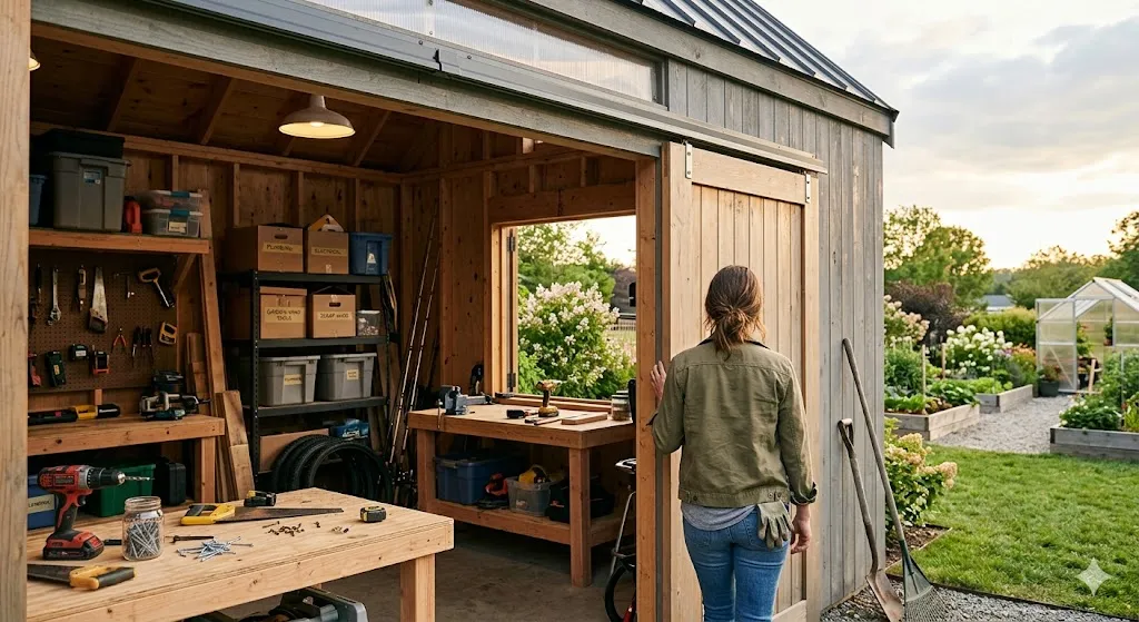 A woman stands at the sliding door of a modern, organized backyard wooden shed workshop, overlooking a lush garden with raised beds and a small greenhouse at sunset.