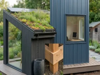 A modern, dark-paneled backyard shed featuring a lush green living roof with solar panels, a large glass window, and an attached blue corrugated-metal home office unit on a wooden deck. An inset detail shows the sturdy timber frame construction.