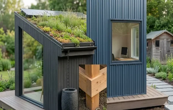A modern, dark-paneled backyard shed featuring a lush green living roof with solar panels, a large glass window, and an attached blue corrugated-metal home office unit on a wooden deck. An inset detail shows the sturdy timber frame construction.
