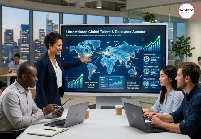 A diverse corporate team in a high-rise office looking at a large digital display showing a world map with global talent networks and compliance metrics, representing how an Employer of Record platform breaks geographical boundaries.