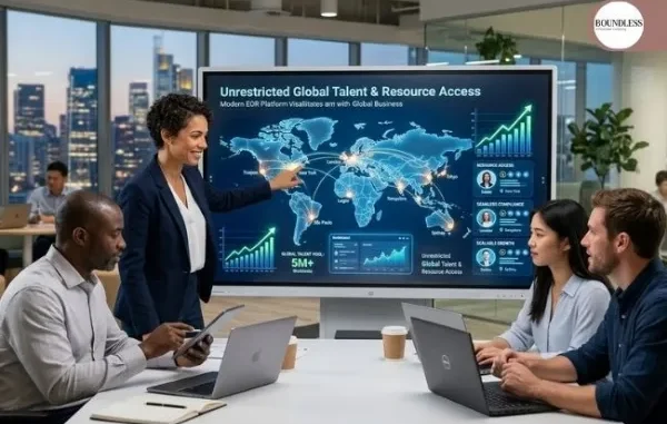 A professional business meeting where a woman points to a large digital screen displaying a global map, network connections, and data charts titled "Unrestricted Global Talent & Resource Access." Diverse colleagues sit around a conference table with laptops in a modern office overlooking a city skyline.