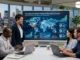 A professional business meeting where a woman points to a large digital screen displaying a global map, network connections, and data charts titled "Unrestricted Global Talent & Resource Access." Diverse colleagues sit around a conference table with laptops in a modern office overlooking a city skyline.