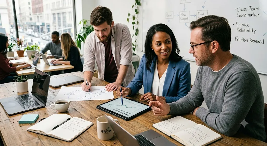 A diverse team of three business professionals collaborates around a wooden table in a modern, plant-filled open office. One woman leads a discussion pointing to a tablet, a younger man draws diagrams on paper, and an older man listens intently. A background whiteboard details "Cross-Team Coordination," "Service Reliability," and "Friction Removal." In the distance, other teams work by a large window.
