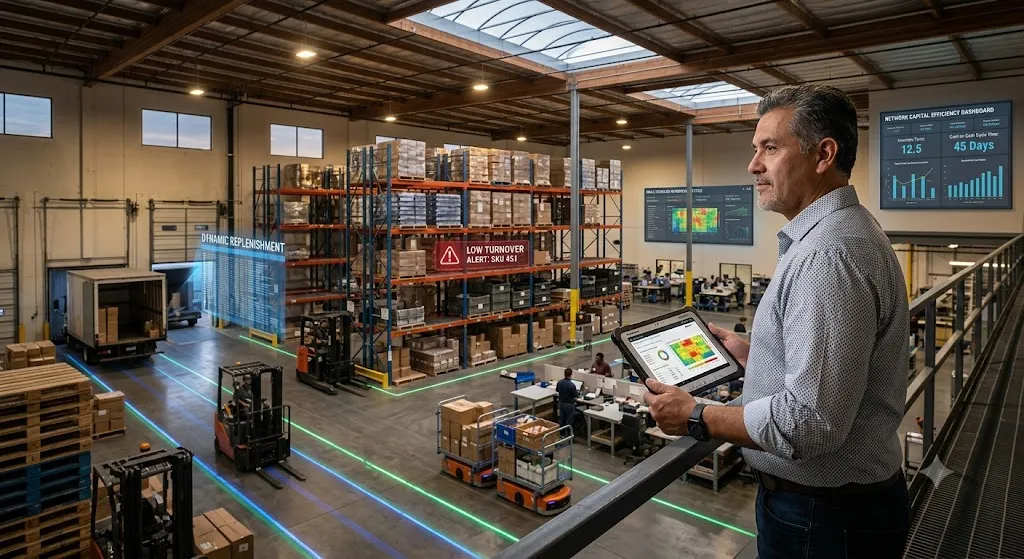 A warehouse manager standing on an elevated platform views a modern distribution center while holding a tablet displaying inventory metrics. The scene includes digital overlays highlighting "Dynamic Replenishment" and "Low Turnover" alerts, with wall-mounted screens showing a "Network Capital Efficiency Dashboard," illustrating the integration of data and technology in supply chain management.