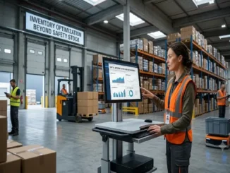 A female warehouse supervisor in an orange safety vest pointing at an advanced supply chain software dashboard on a mobile workstation. The background features an active, modern warehouse with organized high-density racking, a forklift operator, automated guided vehicles, and an overhead sign reading "Inventory Optimization Beyond Safety Stock."
