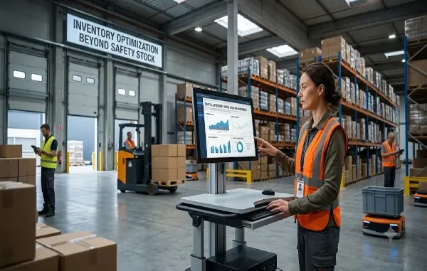 A female warehouse supervisor in an orange safety vest pointing at an advanced supply chain software dashboard on a mobile workstation. The background features an active, modern warehouse with organized high-density racking, a forklift operator, automated guided vehicles, and an overhead sign reading "Inventory Optimization Beyond Safety Stock."