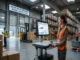 A female warehouse supervisor in an orange safety vest pointing at an advanced supply chain software dashboard on a mobile workstation. The background features an active, modern warehouse with organized high-density racking, a forklift operator, automated guided vehicles, and an overhead sign reading "Inventory Optimization Beyond Safety Stock."