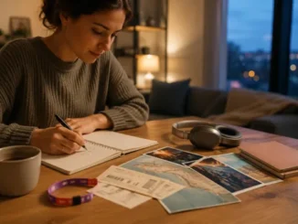 A woman sitting at a wooden table in a cozy room at night, writing in a notebook while planning her budget next to concert tickets, a wristband, a map, over-ear headphones, and a mug.