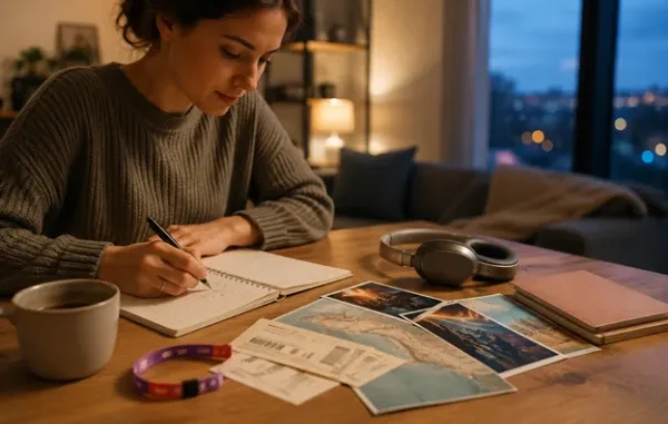 A woman sitting at a wooden table in a cozy room at night, writing in a notebook while planning her budget next to concert tickets, a wristband, a map, over-ear headphones, and a mug.