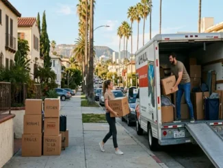 A young couple unloading a U-Haul moving truck on a palm-tree-lined sidewalk in Los Angeles, with cardboard moving boxes labeled "Living Room / LA" and the Hollywood Sign visible in the background hills.