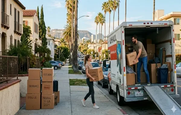 A young couple unloading a U-Haul moving truck on a palm-tree-lined sidewalk in Los Angeles, with cardboard moving boxes labeled "Living Room / LA" and the Hollywood Sign visible in the background hills.