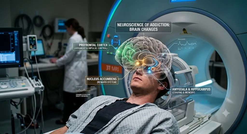 A patient undergoing a 3T MRI brain scan in a medical clinic, with a realistic 3D holographic overlay of the human brain mapped over their head. The glowing overlay highlights the specific regions altered by substance use, complete with informational text labels pointing to the Prefrontal Cortex (Judgment & Impulse Control), Nucleus Accumbens (Reward System), and Amygdala & Hippocampus (Craving & Memory). In the background, a female clinician in a white lab coat operates a control monitor.