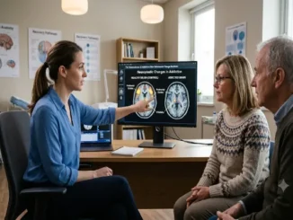 A clinician in an office shows two patients a computer monitor displaying two comparative brain scans: a healthy brain and an addicted brain. Labels point to the "Prefrontal Cortex" and "VTA/NAc" areas in both scans, highlighting neuroplastic changes.