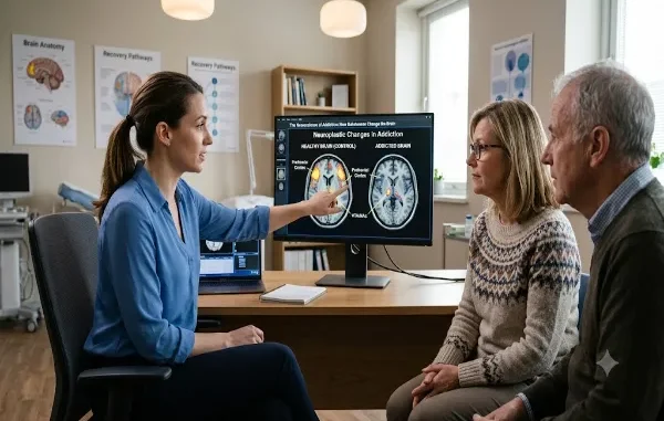 A clinician in an office shows two patients a computer monitor displaying two comparative brain scans: a healthy brain and an addicted brain. Labels point to the "Prefrontal Cortex" and "VTA/NAc" areas in both scans, highlighting neuroplastic changes.