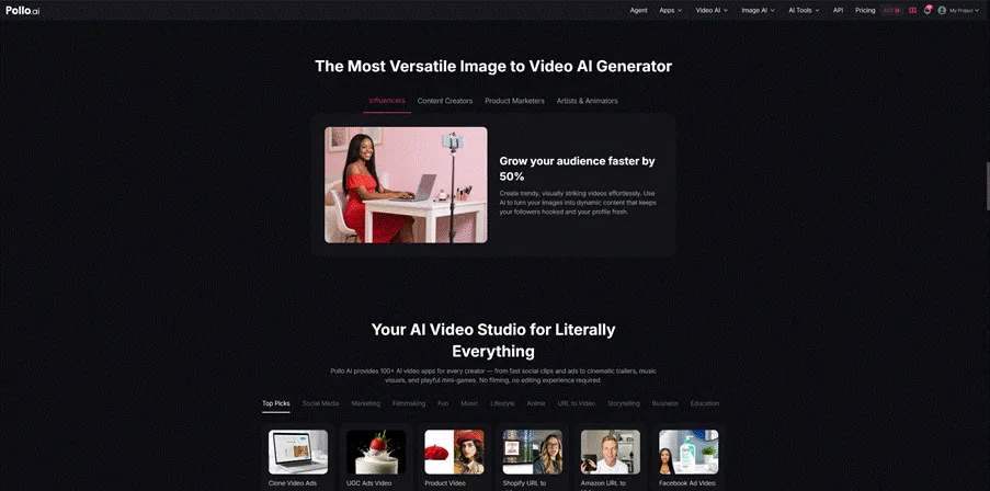 Screenshot of Pollo.ai homepage, an image-to-video AI generator tool for content creators and influencers, featuring a dark mode user interface.