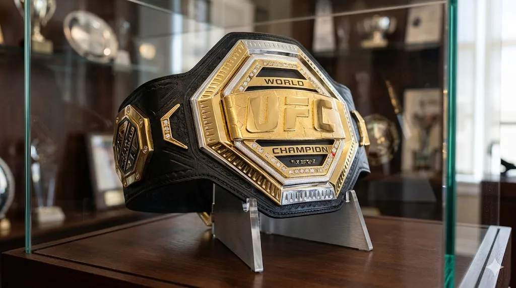 A premium full-size championship belt displayed on a stand.