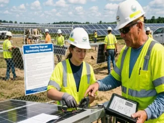 An experienced clean energy contractor in a hard hat and safety vest uses a digital tablet to mentor a young female apprentice working on solar panel wiring at a large-scale construction site.