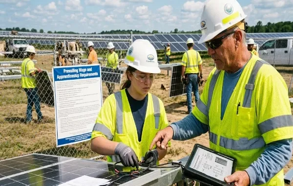 An experienced clean energy contractor in a hard hat and safety vest uses a digital tablet to mentor a young female apprentice working on solar panel wiring at a large-scale construction site.