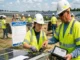 An experienced clean energy contractor in a hard hat and safety vest uses a digital tablet to mentor a young female apprentice working on solar panel wiring at a large-scale construction site.