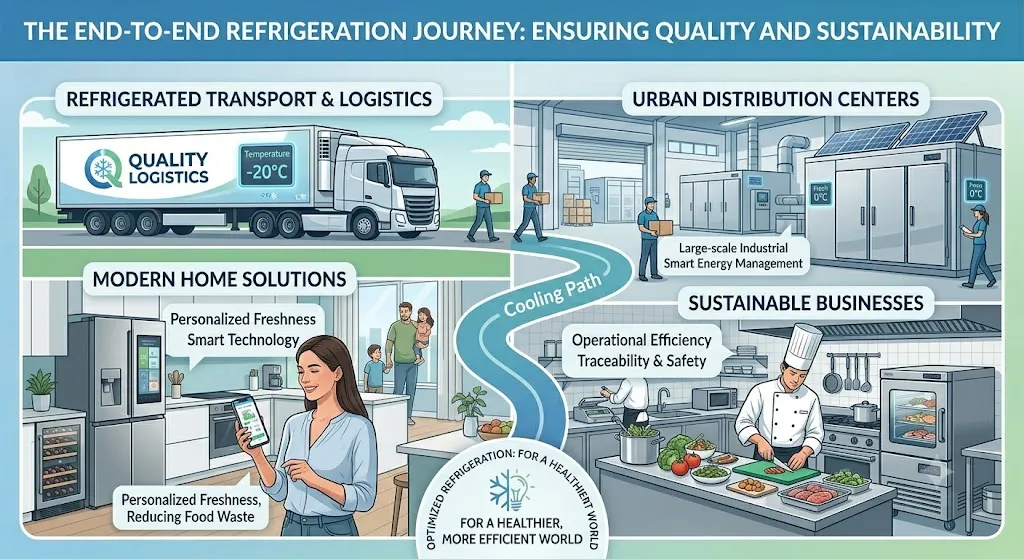A split-screen infographic titled "Why Quality Refrigeration Solutions Matter for Modern Homes & Businesses". The left side shows a modern home kitchen with a woman taking grapes out of a smart stainless steel refrigerator, featuring text callouts for preserving family health, minimizing food waste, and energy efficiency. The right side shows a commercial restaurant kitchen with chefs preparing meals next to a large industrial reach-in freezer and a refrigerated display case filled with fresh meats, highlighting food safety, compliance, operational consistency, and brand reputation.