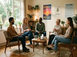 A diverse group of five people sitting in a circle of armchairs during a recovery support meeting in a sunlit, cozy room with motivational posters on the wall.