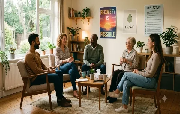 A diverse group of five people sitting in a circle of armchairs during a recovery support meeting in a sunlit, cozy room with motivational posters on the wall.