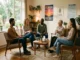 A diverse group of five people sitting in a circle of armchairs during a recovery support meeting in a sunlit, cozy room with motivational posters on the wall.