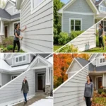 A four-quadrant collage showing a modern house with light gray horizontal siding across all four seasons (Spring, Summer, Autumn, Winter), demonstrating its durability and low maintenance requirements throughout the year.