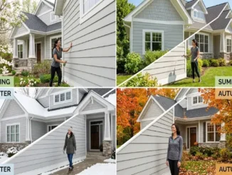 A four-quadrant collage showing a modern house with light gray horizontal siding across all four seasons (Spring, Summer, Autumn, Winter), demonstrating its durability and low maintenance requirements throughout the year.