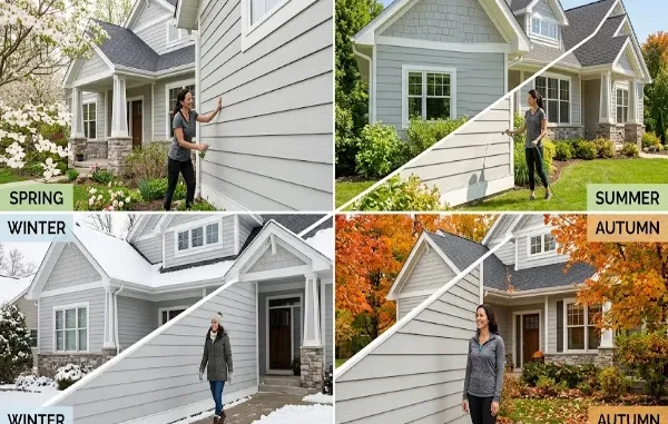 A four-quadrant collage showing a modern house with light gray horizontal siding across all four seasons (Spring, Summer, Autumn, Winter), demonstrating its durability and low maintenance requirements throughout the year.