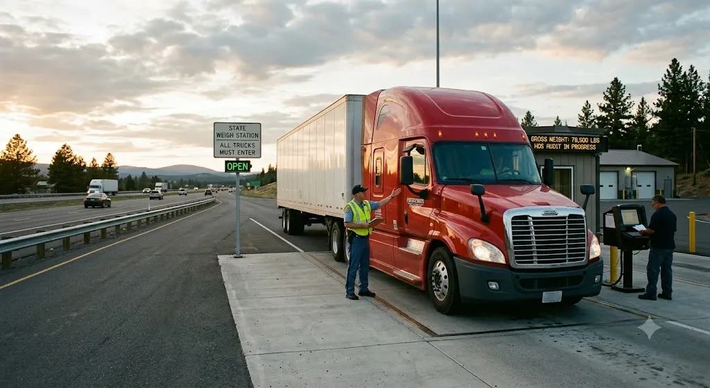 A large red semi-truck parked at a highway state weigh station during dawn. A commercial vehicle enforcement officer in a safety vest stands beside the truck's cabin interacting with the driver, while another official reviews data at an electronic kiosk. A digital sign reads "Gross Weight: 78,500 LBS" and "HOS Audit In Progress," with a highway and trees visible in the background under an overcast sky.